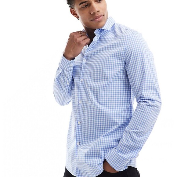 asos Men’s Long Sleeve Button Up Shirt Gingham Blue/White-L - Picture 1 of 12